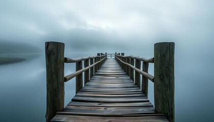 Fototapeta premium Weathered pier stretches into misty lake, rustic charm, serene landscape, image, peaceful