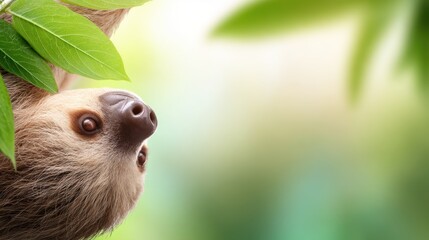 Naklejka premium A sloth hanging upside down from a branch surrounded by lush green leaves in a tranquil forest setting