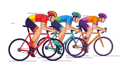 Fototapeta premium Cycling Competition: A dynamic illustration captures the essence of competitive cycling, with three cyclists intensely focused on their race, showcasing speed, agility, and the thrill of the contest.