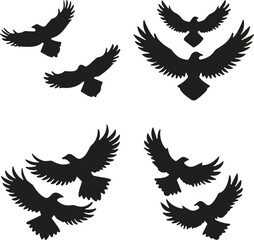 Bird silhouettes in flight, black flying birds, avian motion, graceful wings, wildlife silhouettes, nature design, minimal bird shapes, artistic pose