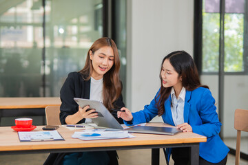 Fototapeta premium Accountants or business people working together on a project. Two female business colleagues are working on computers.