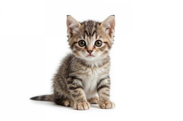 Small gray tabby kitten sitting alone on a white backdrop.