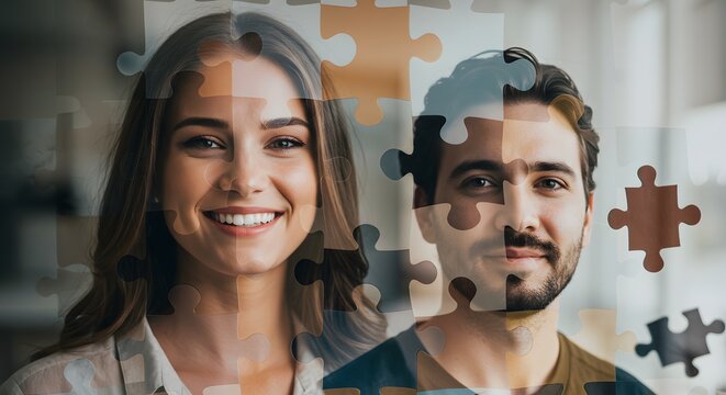 Abstract double exposure of a team fading into overlapping puzzle shapes.