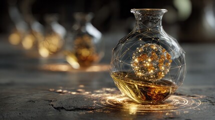 Alchemical transformation with glowing geometric fields extracting golden atoms in a mysterious laboratory setup.