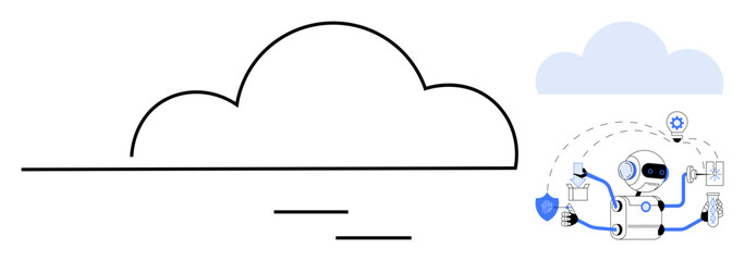 Cloud outline with AI robot handling tasks thumbs up data management, analytics, security, and workflow. Ideal for technology, automation, innovation, cloud services, AI data security workflow
