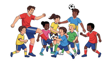 Kids Soccer Fun: A vibrant illustration depicts a group of children engaged in a spirited soccer game, emphasizing the joy of teamwork and the thrill of competition.