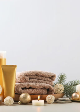 spa composition on the table and Christmas accessories. Skin care. Vertical photo format