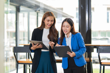 Obraz premium Accountants or business people working together on a project. Two female business colleagues are working on computers.