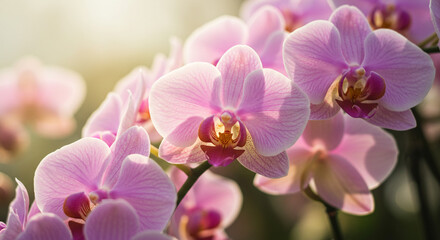 Stunning close-up of delicate pink orchids bathed in soft sunlight, exuding elegance and tranquility.