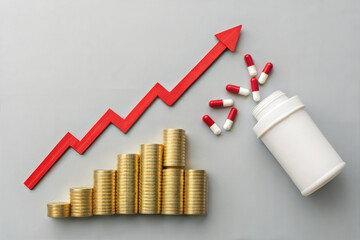 Rising Healthcare and Medicine Costs Concept with Coins Pills and Arrow