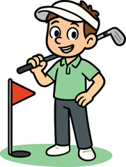 Smiling boy golfer holding a golf club on the green with a hole and flag, ready for the next shot.