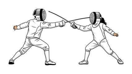 Dynamic Duel: An artistic, black-and-white illustration captures the intensity of a fencing match, two determined figures engaged in a battle of skill and strategy.