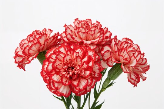 Single red Carnation blossoms in cream and pink shades against a simple backdrop, appearing distinct and lovely.