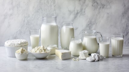 Assorted dairy products arranged on a marble surface, highlighted by cool overhead lighting.