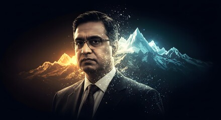 Abstract silhouette of a corporate leader dissolving into mountain-like peaks of light.