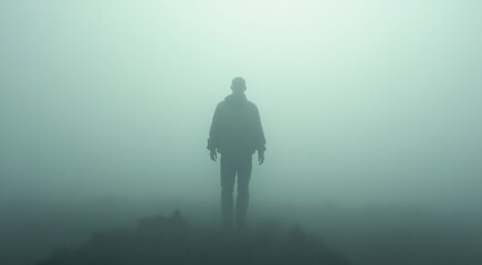 Fototapeta premium Man standing on a hill in the fog