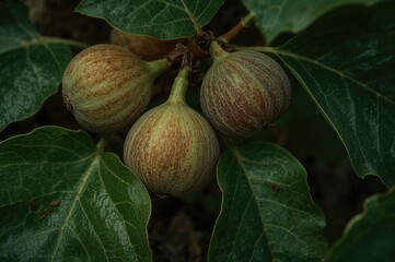 Fototapeta premium Close-up of mature figs hanging on branches with foliage