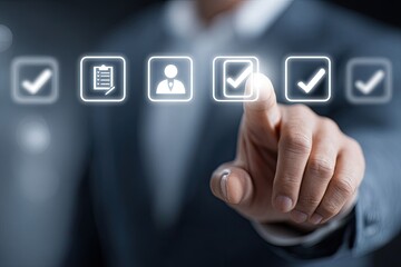 Businessperson's hand interacts with digital checkmark icons on a transparent screen