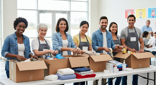 Diverse group of volunteers collaboratively packing donation boxes at a community center.
