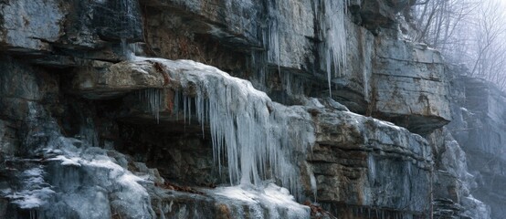Frozen waterfalls cascading down rocky cliff faces