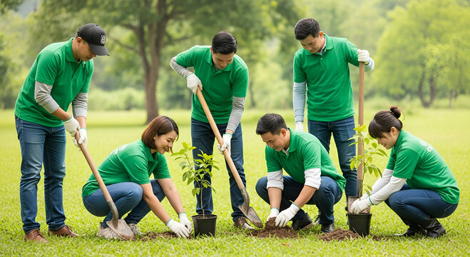 Diverse group of volunteers planting trees in a park, demonstrating community service and environmental stewardship.
