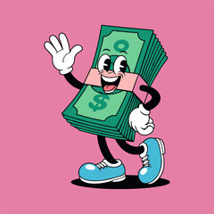 A cheerful cartoon mascot of a stack of dollar bills