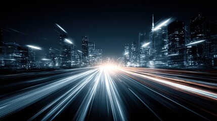 Obraz premium Night cityscape with motion blur of car lights on highway leading to illuminated skyscrapers downtown urban scene