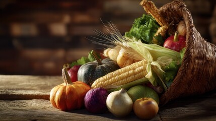 Cornucopia overflowing with seasonal fruits and vegetables, bathed in soft golden sunlight against a wooden table.
