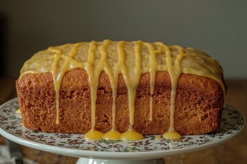 Traditional lemon loaf cake topped with sweet sugar glaze