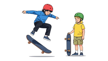 Skateboarding kids in action: A dynamic illustration capturing two young skaters in a vibrant scene, showcasing skill, athleticism, and camaraderie in the world of skateboarding.