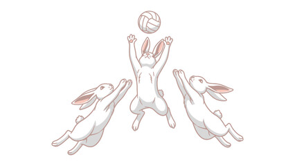 Bunny Volleyball Match: Three lively bunnies engage in a playful volleyball game, with one bunny leaping to spike the ball, while the others prepare to receive. A lighthearted and energetic scene.