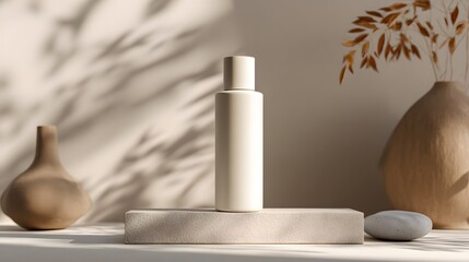 A serene product display showcases a bottle on a stone pedestal with elegant styling.