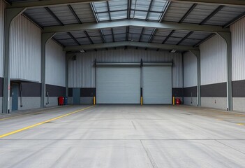 Sleek modern warehouse, rolled-up garage door, empty parking lot,  contemporary,  blank