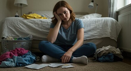 Obraz premium tired young caucasian woman sitting on bedroom floor surrounded by laundry and bills looking stressed