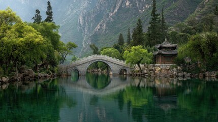 Fototapeta premium Serene mountain lake bridge scene