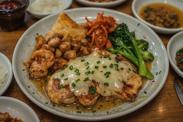 Fototapeta premium A delectable dinner spread featuring juicy chicken, assorted vegetables, melted cheese, and savory pork flavors served at the table