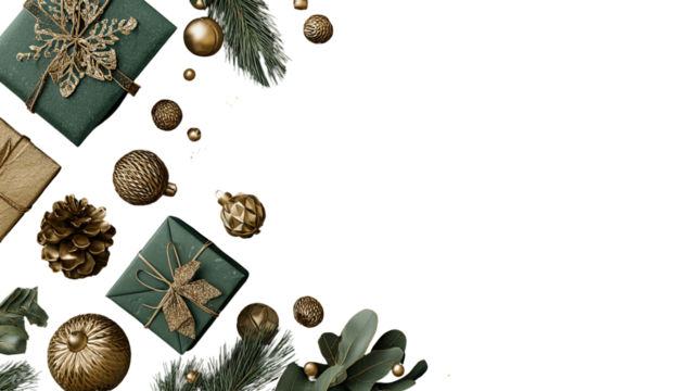 Festive, dark green and gold Christmas decor with gifts and ornaments, falling