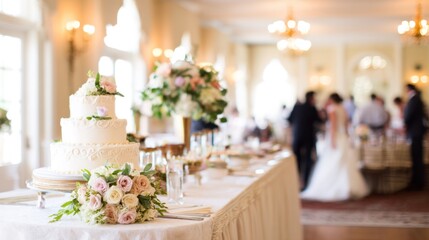 A romantic wedding reception buffet with a tiered cake and elegant floral arrangements, creating a joyful atmosphere.