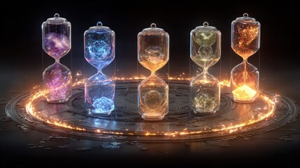 Five hourglasses glowing in a circle, illustrating the passage of time and life's transient energy.