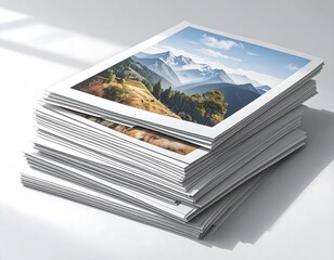 A stack of printed photo paper is neatly arranged on a clean white background