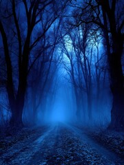 Eerie Blue Forest Path Leading into Foggy Distance Low Angle View of Dark Woodland Scene