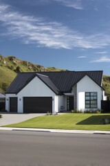 A contemporary house featuring a stylish black roof and a pristine white exterior basks in the sunshine, nestled within a serene neighborhood embraced by lush greenery