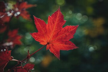 Fototapeta premium Extreme close-up of a crimson leaf surrounded by a soft-focused garden scene