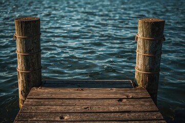 Fototapeta premium Boat dock on a lake featuring pilings and coiled rope