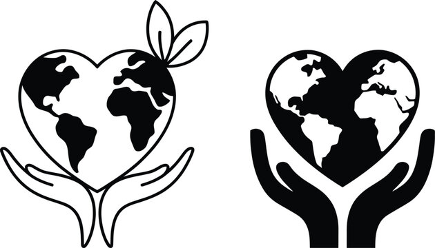 Two hands holding a heart shaped earth with leaves and a solid heart shaped earth