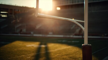 Football goalpost on empty stadium field under dramatic sunset lighting.