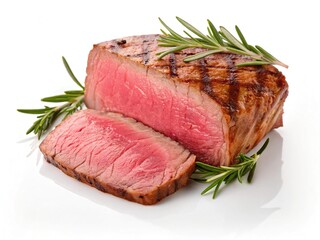 Juicy grilled beef roast with fresh rosemary sprigs cooked to perfection white background