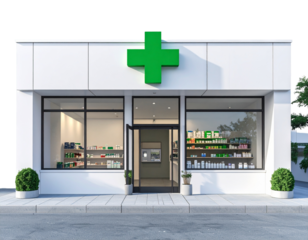 3D Pharmacy Storefront Icon with Green Cross Sign, Isolated on Transparent PNG