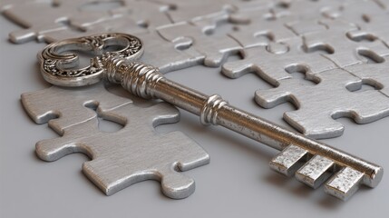 Silver key on puzzle pieces