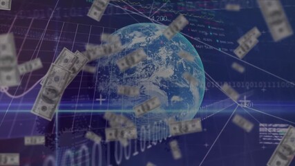 Animation of falling dollars over financial data processing over globe - Powered by Adobe